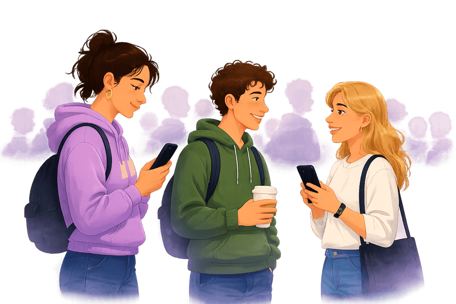 Trois étudiants discutent, téléphone en main